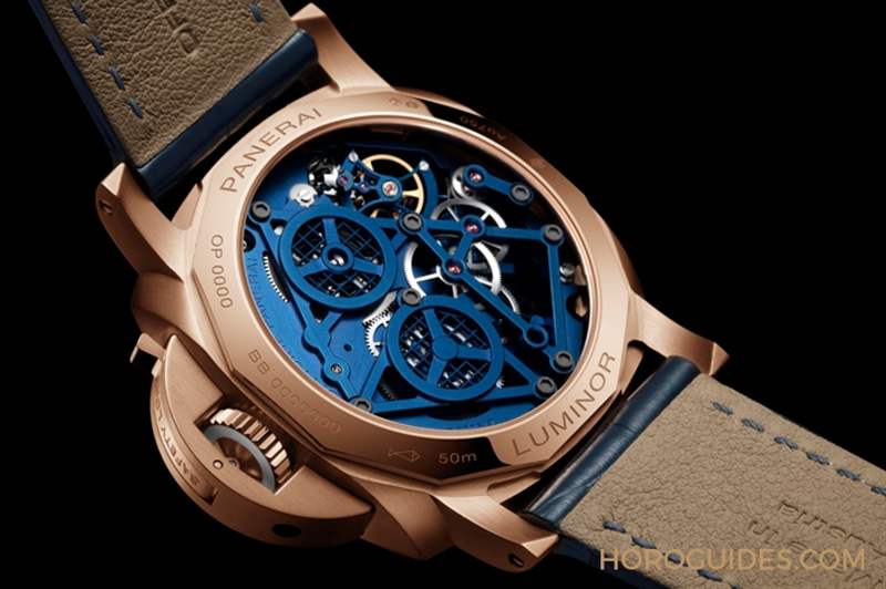 華麗撞色！紅金殼配鍍藍面｜Panerai Luminor陀飛輪兩地時間紅金腕表-PAM01060-復刻表