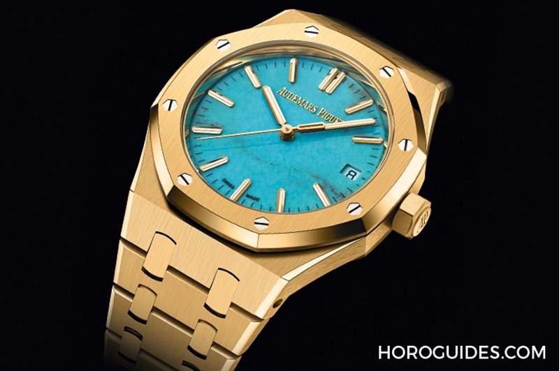 愛彼Royal Oak皇家橡樹自動上鏈腕表，黃金表殼搭配天然綠松石表面-復刻表