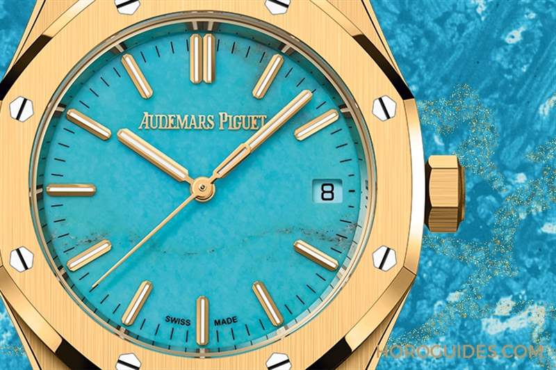 愛彼Royal Oak皇家橡樹自動上鏈腕表，黃金表殼搭配天然綠松石表面-復刻表