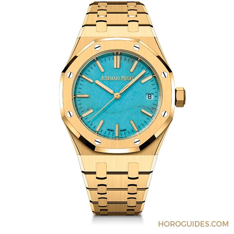 愛彼Royal Oak皇家橡樹自動上鏈腕表，黃金表殼搭配天然綠松石表面-復刻表