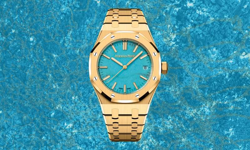 愛彼Royal Oak皇家橡樹自動上鏈腕表，黃金表殼搭配天然綠松石表面-復刻表