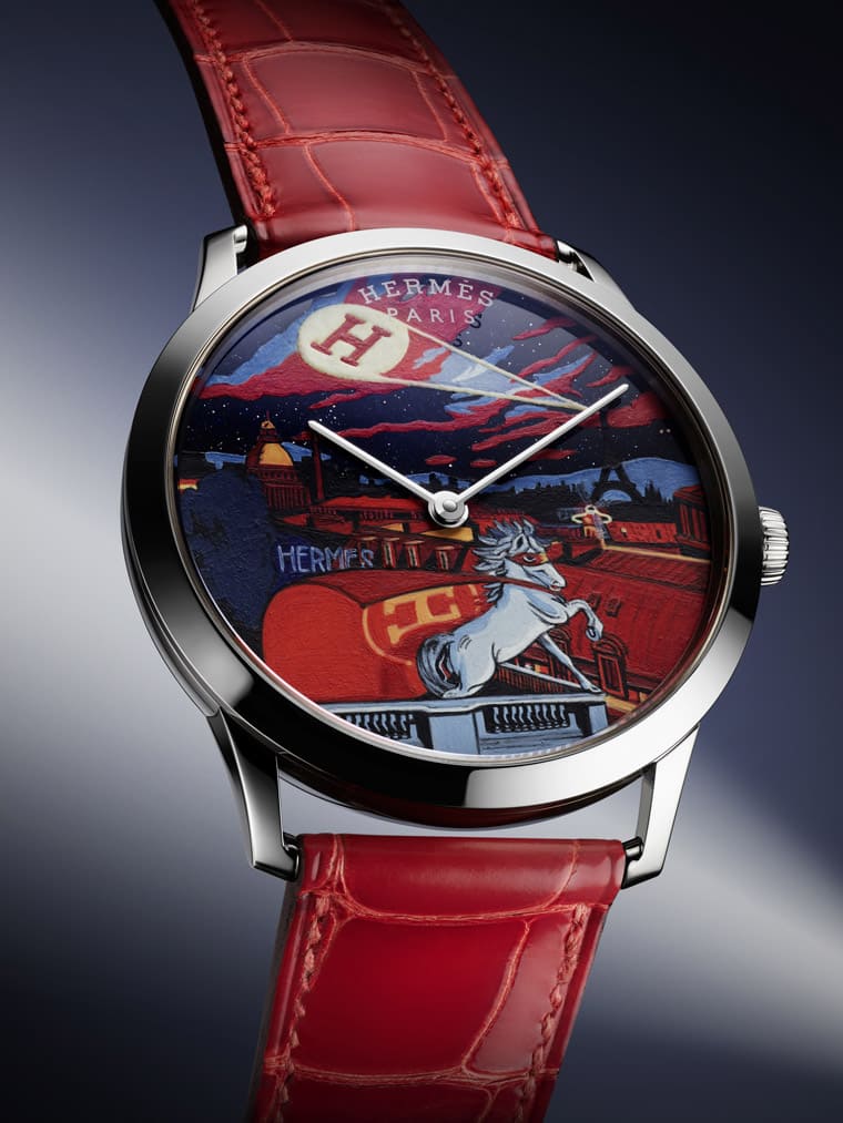 愛(ài)馬仕Slim d'Hermès工藝表把虛構(gòu)超級(jí)英雄微繪在砂金石面盤上-復(fù)刻表