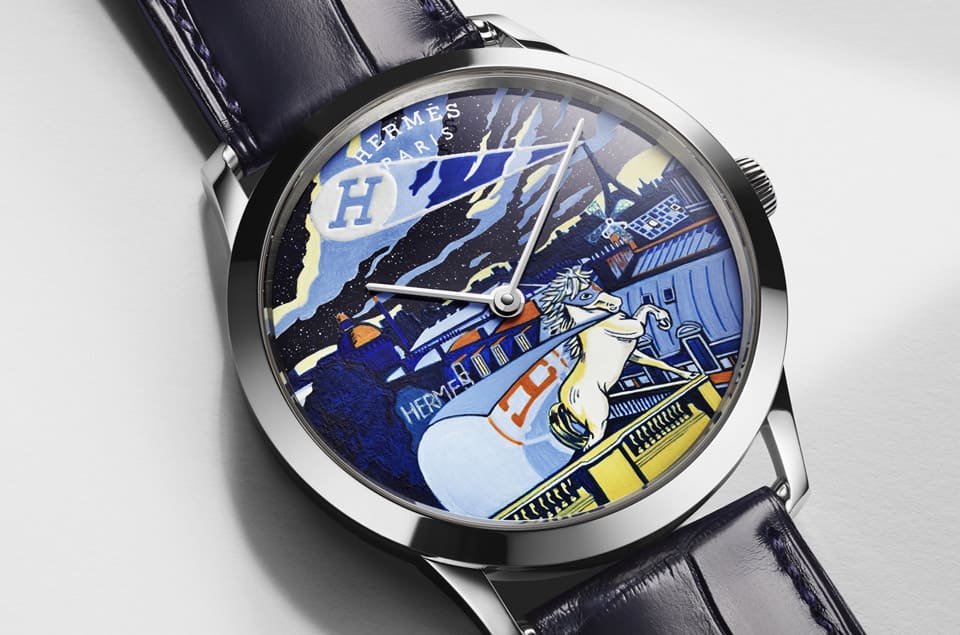 愛(ài)馬仕Slim d'Hermès工藝表把虛構(gòu)超級(jí)英雄微繪在砂金石面盤上-復(fù)刻表